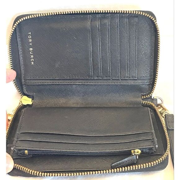 TORY BURCH Emerson Wristlet Pouch Zip Wallet Black Saffiano Leather Gold Logo - Picture 5 of 7